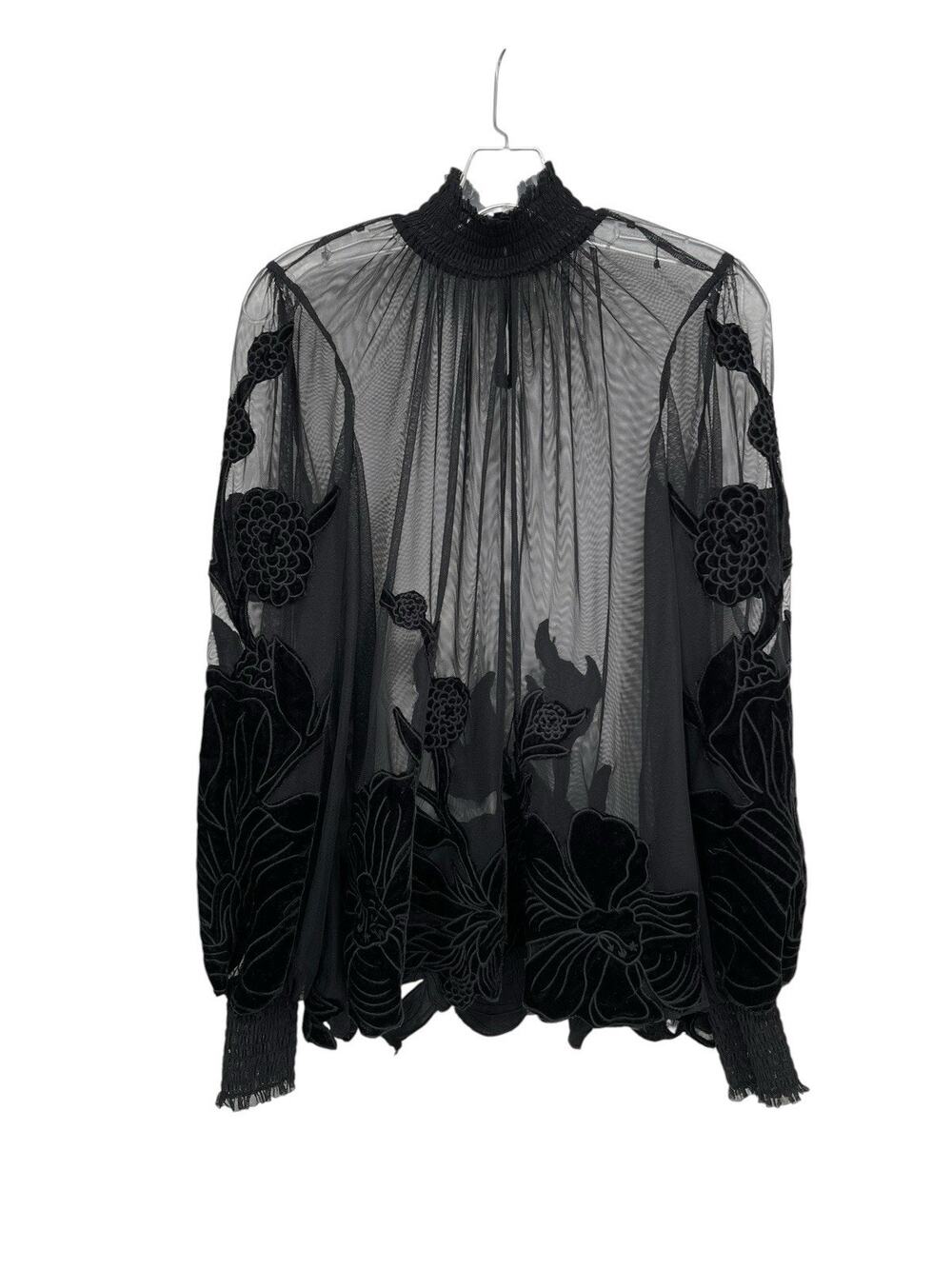 Anthropologie Sheer Velvet Floral Appliqué Blouse Black Long Sleeve Size Small